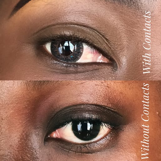 Eyes with and without contact lenses which help eyes pop when wearing makeup